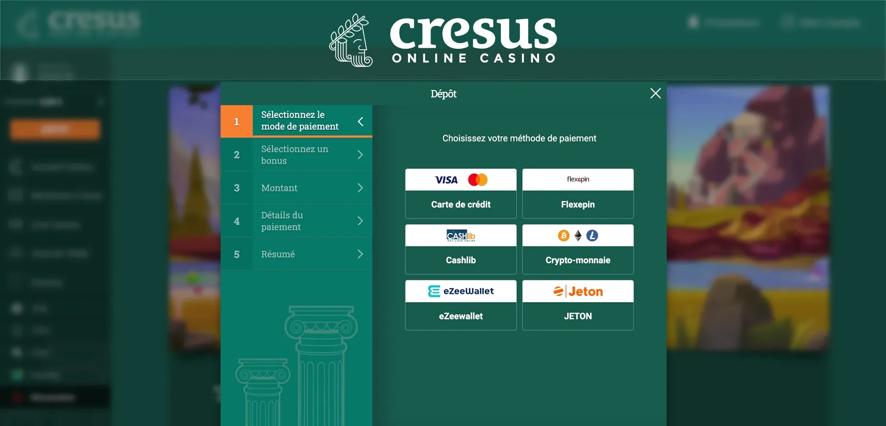 Interface de paiement Cresus Casino