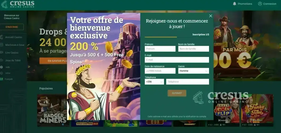 Vérification du compte Cresus Casino après inscription