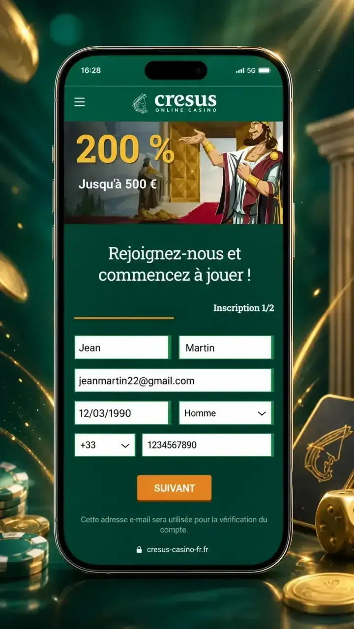 Parcours d'inscription Cresus Casino sur mobile